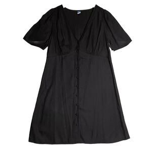 Old Navy Women black Button Front Shirt Sleeve V-Neck Dress Size Medium Casual
